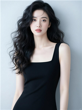 亚洲冷白皮小黑裙美女卷发发型图片